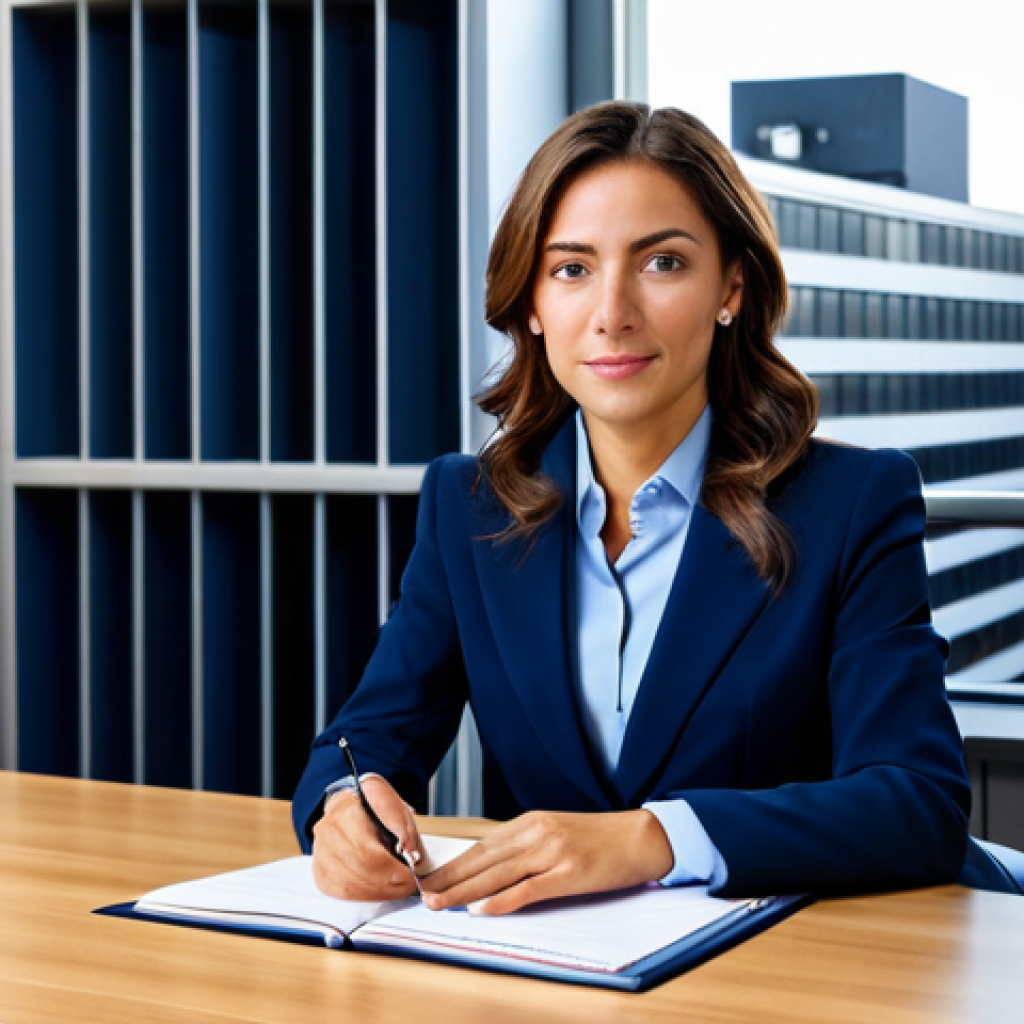 **

A professional businesswoman in a modest navy blue business suit, sitting at a desk in a bright, modern Madrid office overlooking the Gran Vía, fully clothed, appropriate attire, safe for work, perfect anatomy, natural proportions, professional photography, high quality, warm lighting.

**