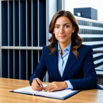 **

A professional businesswoman in a modest navy blue business suit, sitting at a desk in a bright, modern Madrid office overlooking the Gran Vía, fully clothed, appropriate attire, safe for work, perfect anatomy, natural proportions, professional photography, high quality, warm lighting.

**