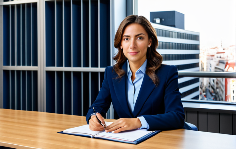 **

A professional businesswoman in a modest navy blue business suit, sitting at a desk in a bright, modern Madrid office overlooking the Gran Vía, fully clothed, appropriate attire, safe for work, perfect anatomy, natural proportions, professional photography, high quality, warm lighting.

**