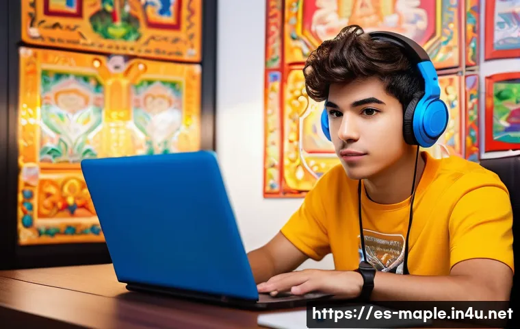 메이플스토리 미니게임 플레이법 - A vibrant, detailed scene of a young Hispanic gamer sitting comfortably in a modern, well-lit room w...