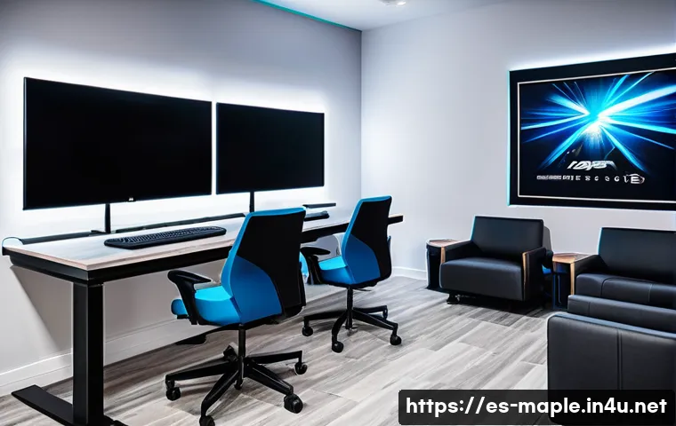 메이플스토리 프리미엄 PC방 혜택 - A modern premium gaming room designed for intense focus and comfort, featuring adjustable ergonomic ...