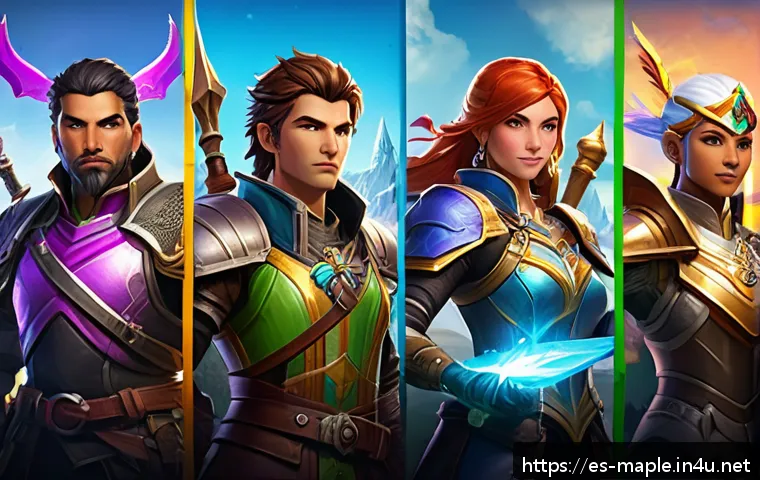 메이플스토리 캐릭터 슬롯 확장법 - A vibrant fantasy RPG character selection screen showing six diverse characters arranged in slots, e...