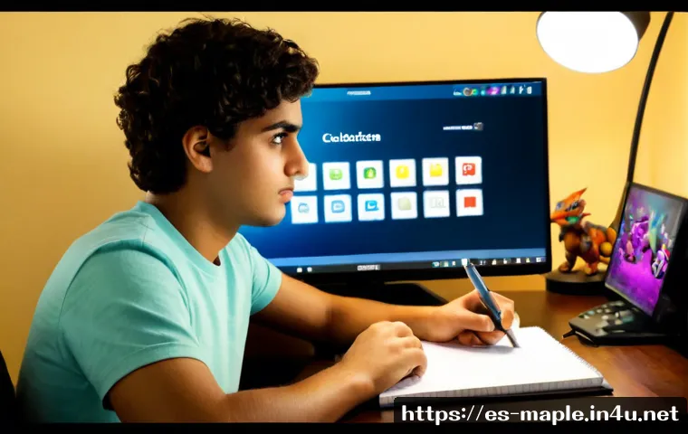 메이플스토리 몬컬 완성 팁 - Photorealistic Spanish-speaking young adult gamer at a tidy home desk, studying a colorful fantasy m...