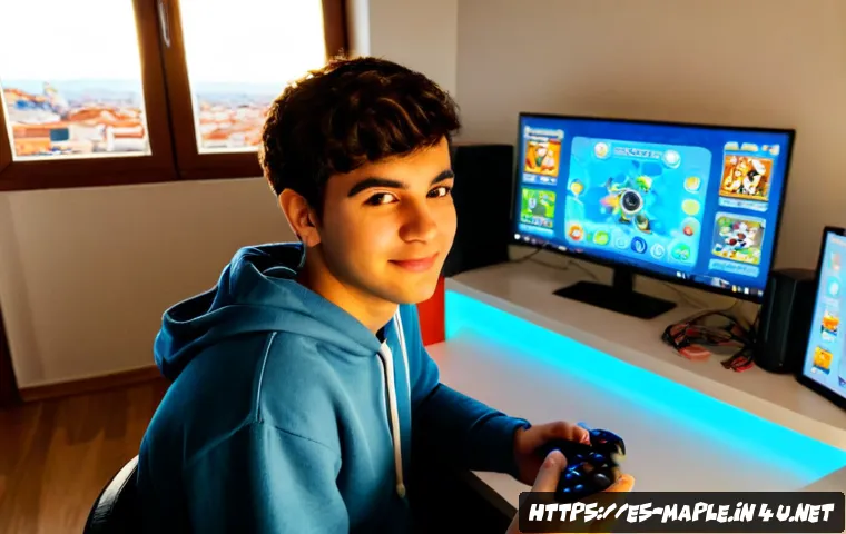 Home 17 메이플스토리 초보자를 위한 FAQ - Photorealistic young adult beginner gamer in a bright modern apartment in Madrid, Spain, seated at a...