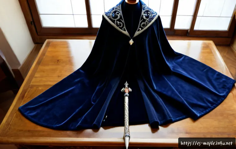메이플스토리 로얄 스타일 아이템 추천 - Photorealistic editorial flat lay of elegant fantasy RPG costume recommendations: a deep navy velvet...