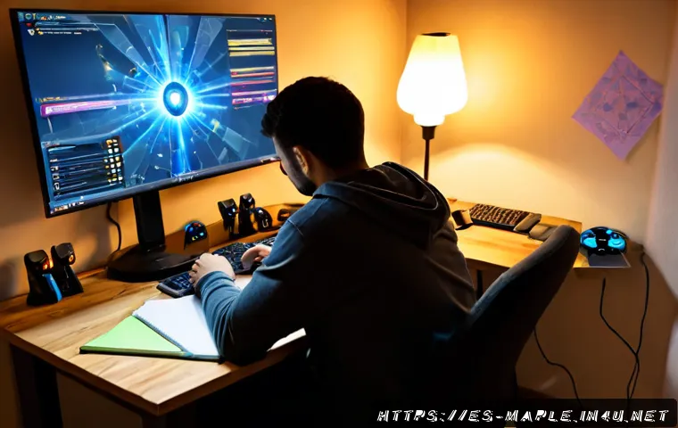 Home 17 메이플스토리 보스별 패턴 공략 - Photorealistic Spanish-speaking gamer’s desk in a cozy apartment, focused adult player studying a la...